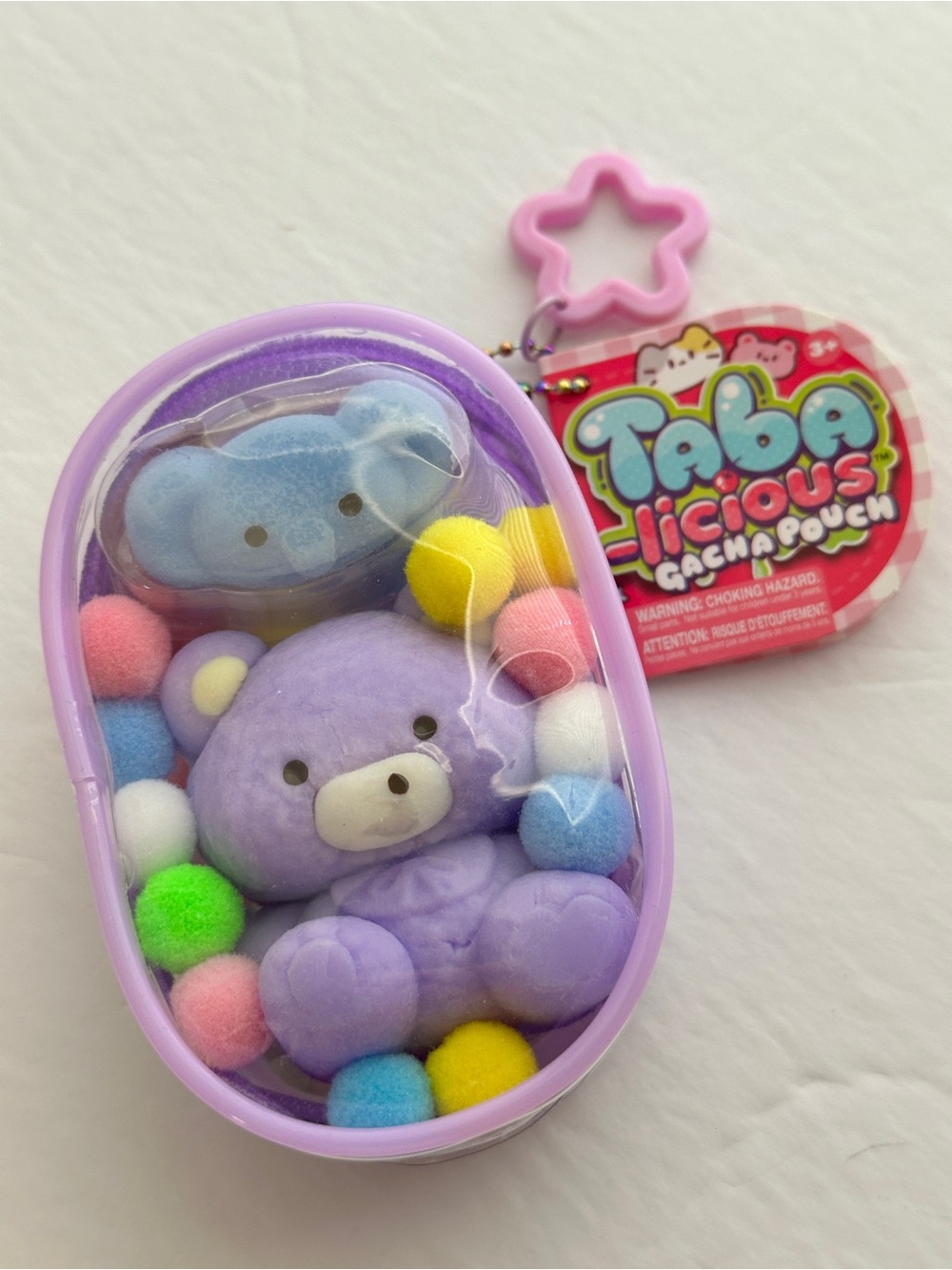 Taba-licious Gacha Pouch Keychain Purple with Colorful Pom-Poms New